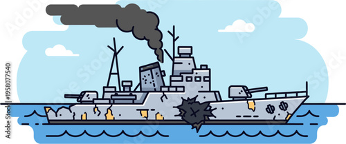 A damaged warship with black smoke rising from its funnel, floating on blue water under a light blue sky, depicted in a flat line art style.