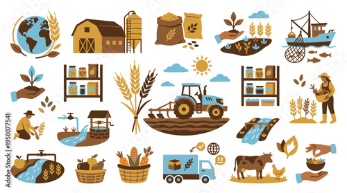 Diverse agriculture and food production icons including farming, harvesting, livestock, and global food supply chain elements