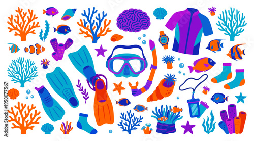 Colorful collection of snorkeling and diving equipment with tropical fish and coral reef elements for underwater adventure and ocean exploration