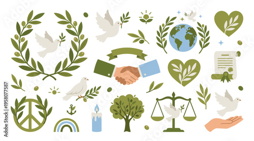 Peace and unity symbols collection with doves earth handshake scales of justice and olive branches on white background