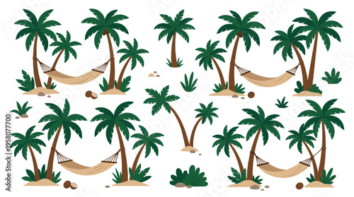 Tropical beach scene with palm trees hammocks and coconuts idyllic vacation paradise relaxation and summer holiday vibes