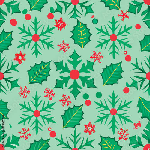 Christmas holly and snowflake seamless pattern.