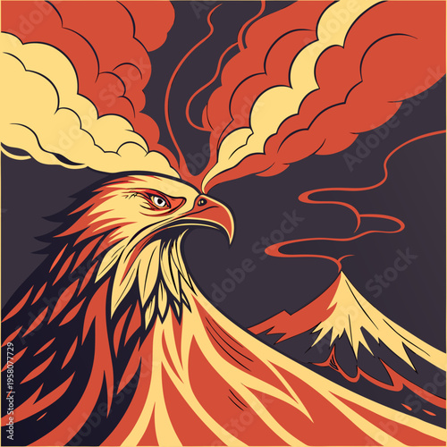Stylized eagle head erupting from mountain fire, symbol of power, freedom, and rebirth in bold graphic illustration style