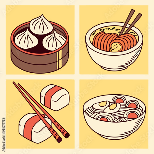 Collage of asian food dishes including dim sum, ramen, and sushi, presented in a clean, graphic illustration style, main course
