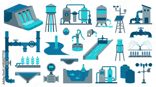 Water management and irrigation systems collection with dam, pump, pipes, sprinklers, and water treatment equipment
