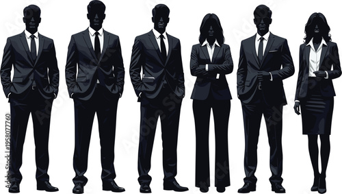 Business professionals illustration set, corporate men and woman in formal suits standing, office workers team, leadership concept, modern stylish characters, management, success, company staff