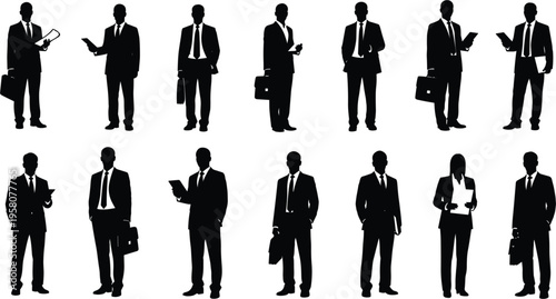 Business people silhouettes, corporate professionals standing poses, formal suit characters isolated, office workers collection,