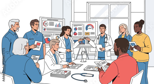 Diverse group of medical professionals collaborating in a meeting.