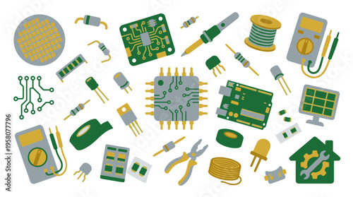 Electronic components and tools collection for circuit board assembly and repair featuring microchips resistors capacitors and soldering iron