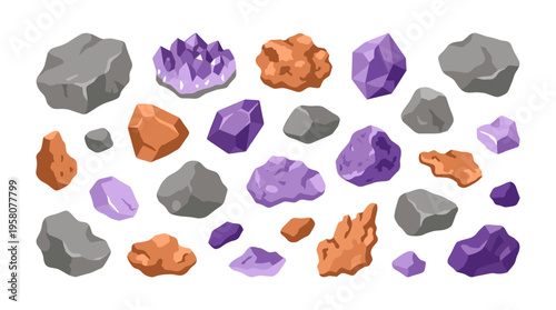 Collection of sparkling amethyst crystals and rough mineral rocks in various colors and shapes on a white background