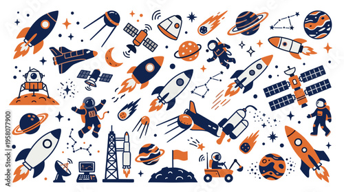 Cosmic adventure collection featuring rockets astronauts planets satellites and space exploration elements in a playful doodle style