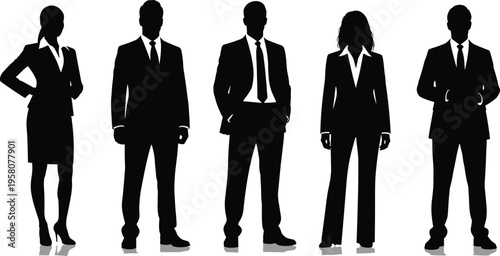 Business team silhouettes set, corporate men and woman standing in formal suits, office professionals isolated, leadership and management concept, modern company illustration design