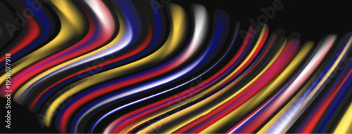 Colorful ribbons flow, creating dynamic abstract composition. Smooth curves suggest movement, depth, vibrant hues dominate dark background.