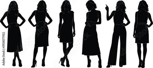 Fashion women silhouettes set, elegant female models standing poses, stylish ladies in dresses and jumpsuit isolated, beauty lifestyle concept, modern illustration, design elements