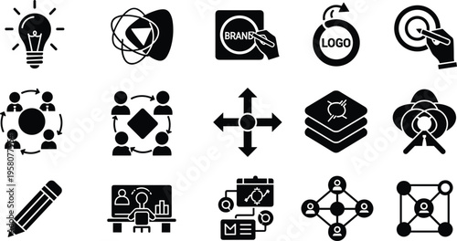 Creative Strategy and Brand Management Solid Icon Set featuring Idea Lightbulbs, Logo Design, Collaborative Networking, and Business Presentation Symbols