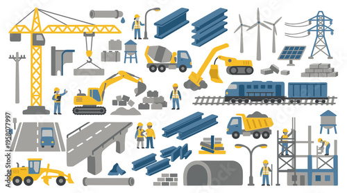 Construction industry elements and heavy machinery for building infrastructure and energy projects with workers and vehicles