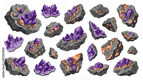 Collection of purple amethyst crystals growing from rough grey rocks mineral formations natural geological elements isolated on white background