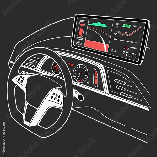 Modern car interior with a digital dashboard, steering wheel, and navigation screen displaying speed and route information for advanced driving, electric car