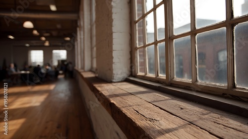 Sunlight streams through an industrial loft s large  highlighting a rustic wooden ill with people blurred in the background