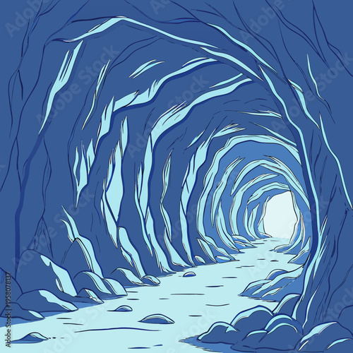 A long, winding blue ice cave tunnel with light emanating from the end, creating a mysterious and adventurous underground passage