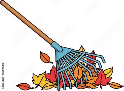 Rake with autumn leaves pile