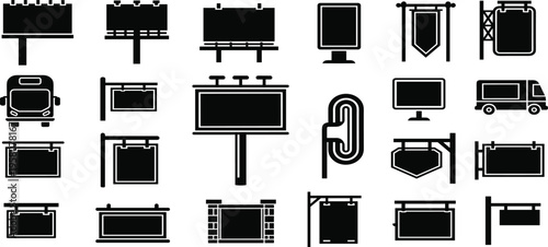 Outdoor Advertising Signage and Billboard Icon Set featuring Large Billboards, Bus Advertisements, Hanging Storefront Signs, and Digital Displays