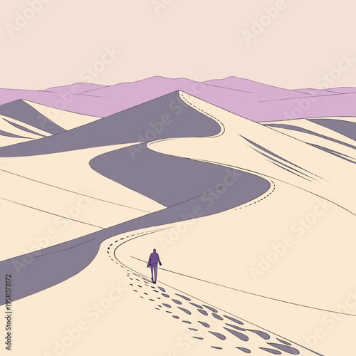 Lone figure walks through vast desert dunes, leaving footprints on a winding path under a soft pastel sky, symbolizing journey and solitude