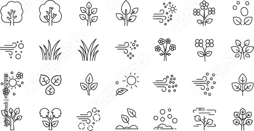 Seasonal Allergy and Environmental Pollen Source Solid Icon Set featuring Flowering Plants, Grasses, Wind Particles, and Botanical Growth