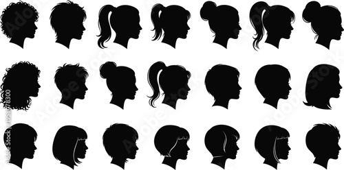 Women hairstyle silhouettes collection, female head profiles set, different hair styles girls faces isolated, beauty salon concept, fashion illustration, modern design elements pack