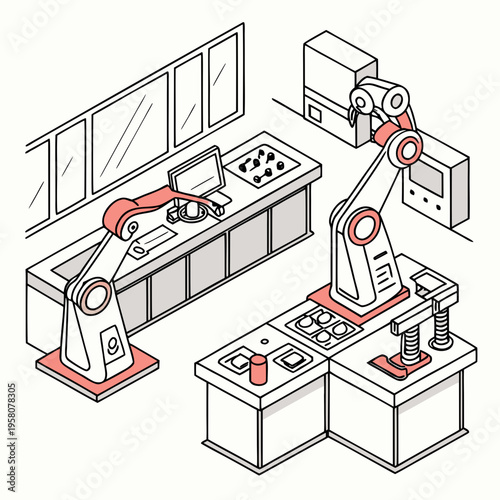 Robotic arms in a modern factory assembly line, demonstrating automated manufacturing with control panels and computer screens in an industrial setting, robotic arm