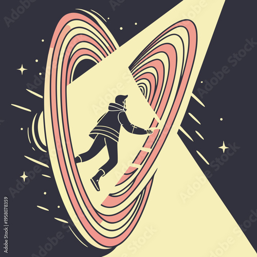 Astronaut ascending ladder into abstract ring portal in outer space with stars and light beam with sci fi