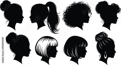 Women head silhouettes collection, female hairstyle profiles set, different hair styles girls faces isolated, beauty salon concept, fashion illustration, modern design elements pack