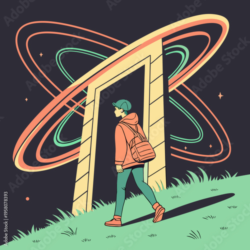 Person walking through archway portal with orbital rings and stars, stylized outdoor scene, flat design