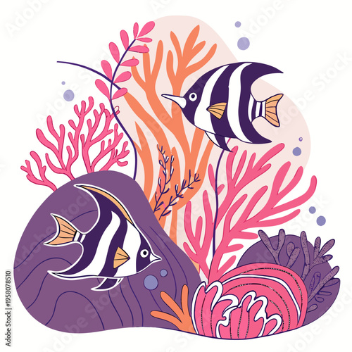 Two black and white striped angelfish among colorful corals and seaweed