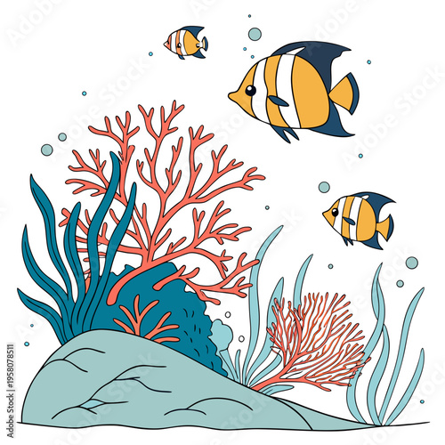 Stylized underwater scene with angelfish and corals in light blue water with bubbles