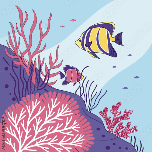 Underwater reef scene with yellow striped fish and pink corals in blue water