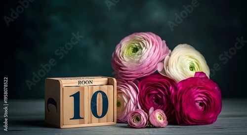 A bunch of flowers next to a wooden block with the number 10 on it