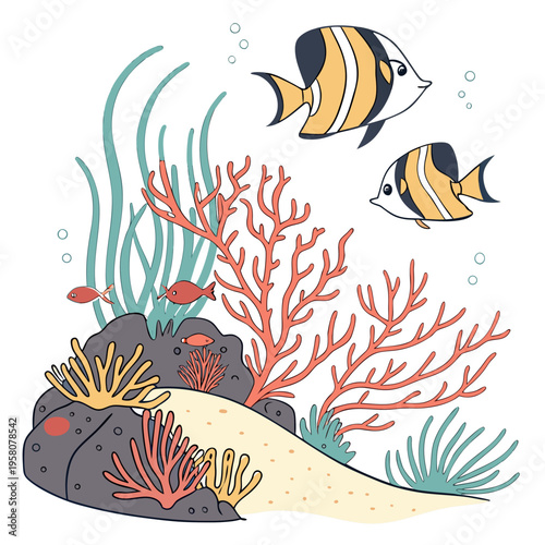 Stylized coral reef scene with two angelfish swimming amidst colorful anemones, seaweed, and rocks, illustrated in a clean, flat design with a white background for easy use