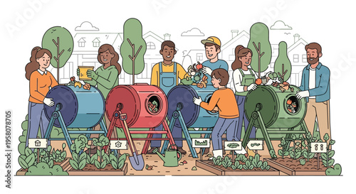 Diverse group of people actively composting organic waste together.