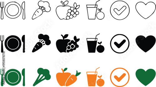 nutrition minimalist food icons set for wellness nutrition and diet