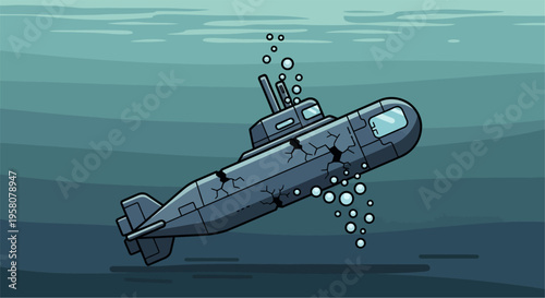 A cartoon illustration of a damaged submarine sinking underwater, with cracks and bubbles indicating a malfunction or accident.