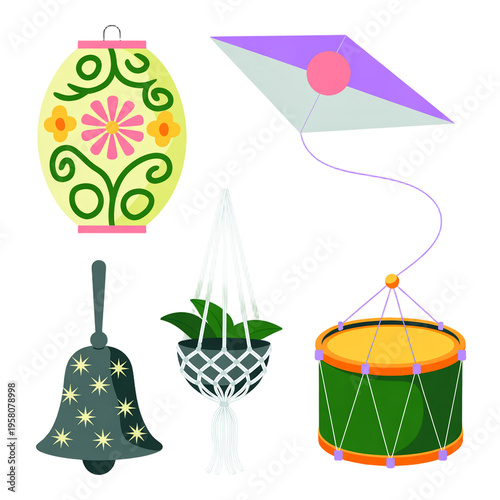 Flat of a cloud with a hot air balloon and a kite in a sky background flat cloud pastel colors