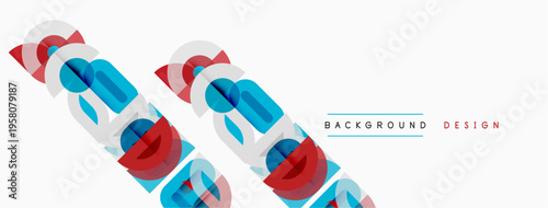 Abstract geometric pattern. Red, blue shapes overlap creating dynamic visual effect. Clean white background enhances design elements.