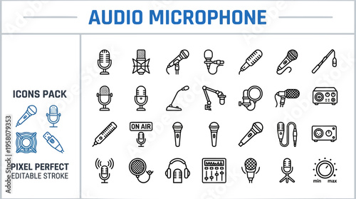 Microphone Outline Vector Icon Set — Audio, Podcast, Recording, Music and Broadcast Symbols