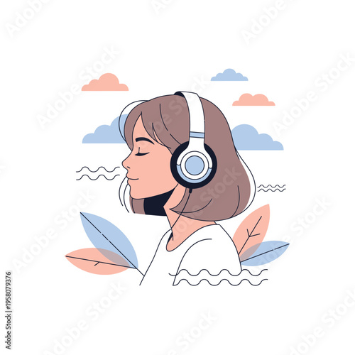 Young woman with headphones listening to music, enjoying peaceful soundscape with clouds and leaves