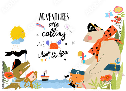 Cartoon Card with Cute Animals celebrating Pirate Party