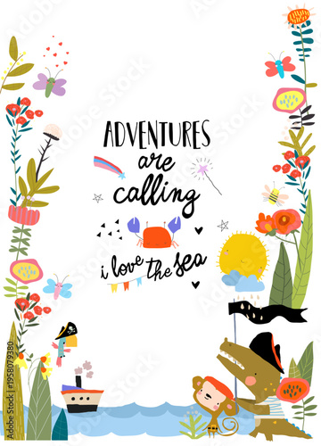 Cartoon Card with Cute Animals celebrating Pirate Party