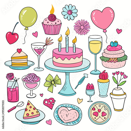 set of birthday cake. Set of crayon handdrawn birthday celebration dinner design elements. Whimsical coquette sketch doodle drawings. Watercolor desserts for girly feminine bachelorette party