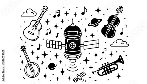 A satellite icon illustration surrounded by music instruments and celestial objects