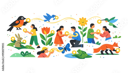 A colorful illustration of people and animals exchanging gifts in a garden